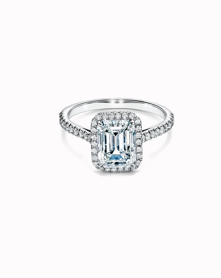 Emerald-cut Halo Engagement Ring with a Diamond Platinum Band